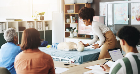Woman, teaching and dummy for first aid training with demonstration, breathing safety and rescue. Person, explain and position mannequin for choking procedure, emergency process and urgency technique