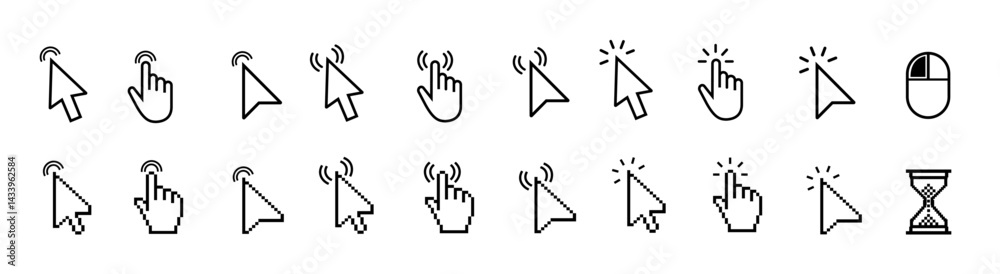 Poster mouse cursor icon set with arrows, hand pointers, click effects, and loading symbols. perfect for ui