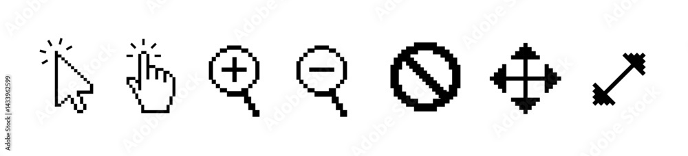 Poster pixel pointer cursor сomputer mouse icon set. pixel clicking cursor, pointing hand clicks icons. col