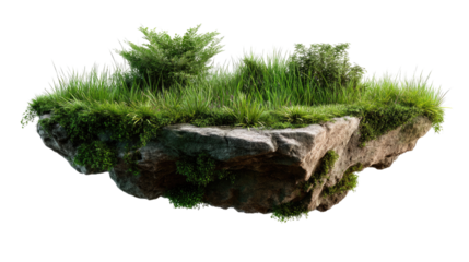 Floating Island of Life: A surreal, idyllic landscape presents a self-contained oasis of nature, a floating island of verdant grass, lush greenery and rugged rock.