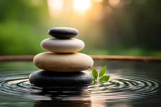 Stacked smooth stones balanced on water surface, tranquil nature setting in soft light, representing peace and harmony.