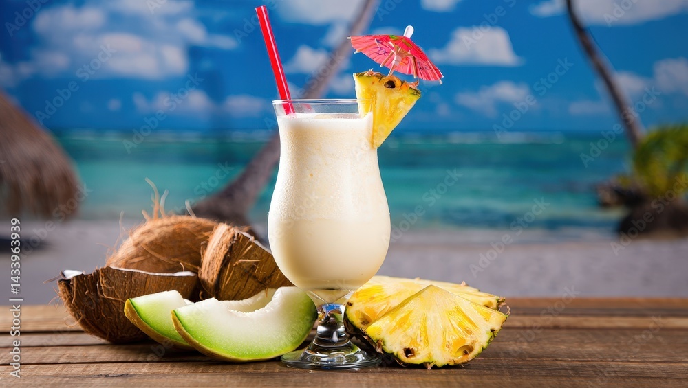 Aufkleber a tropical drink with coconut and pineapple on a table in front of a beach scene backdrop.