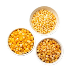 Corn kernels in white bowls isolated on transparent background  
