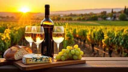 Obraz premium Wine bottle, glasses, bread, cheese, grapes on wooden tray at sunset in vineyard setting.