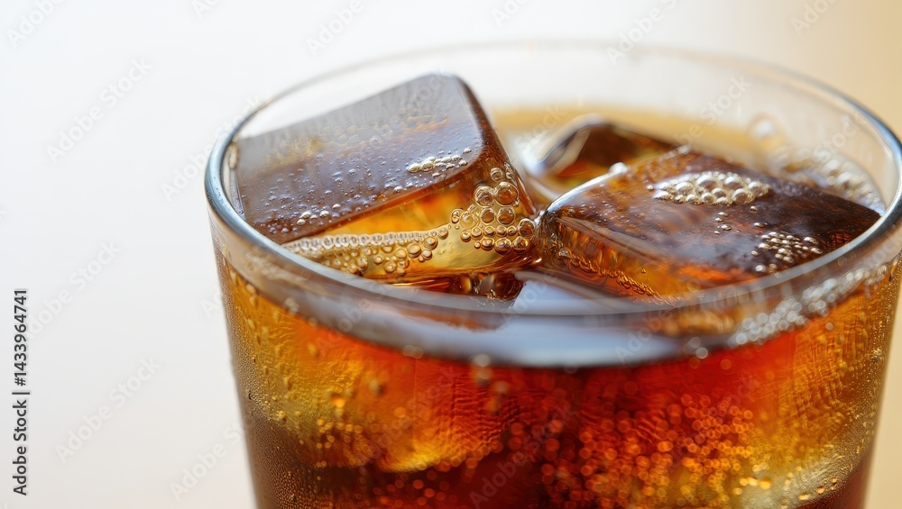 Poster a glass of cola with ice cubes and bubbles on the surface.