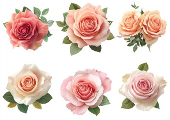 Naklejka premium A Beautiful Collection of Six Elegant Roses in Soft Pastel Shades on White Background