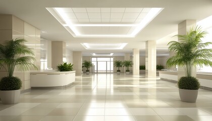 Modern, bright, spacious lobby with plants