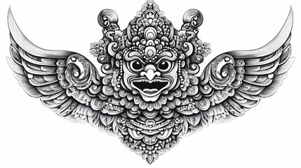 Fototapeta premium Detailed grayscale illustration of a mythical creature with ornate wings.