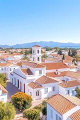 Fototapeta premium Aerial view of a Mediterranean village with terracotta roofs, whitewashed buildings, and a bell tower, overlooking a calm body of water and mountains
