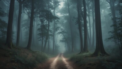 Fototapeta premium Enchanted misty forest trail with cathedral trees