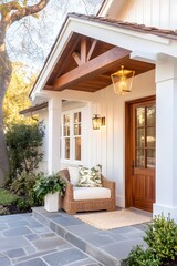 Obraz premium Charming farmhouse porch with white siding, wood accents, a wicker chair, and a natural stone pathway