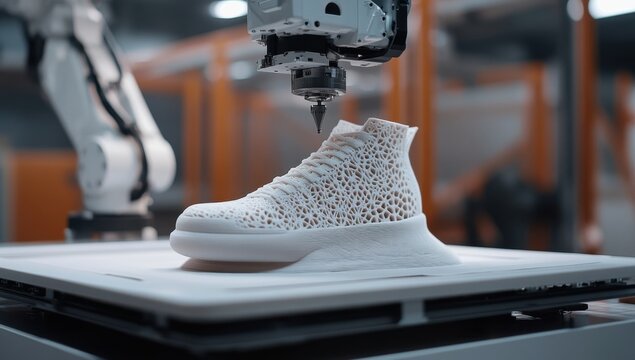 Robotic arm 3D printing a white athletic shoe with intricate design - Powered by Adobe