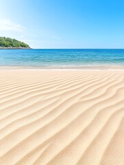 Obraz premium Pristine beach with gently rippled sand leading to a tranquil turquoise sea and distant shoreline under a clear blue sky