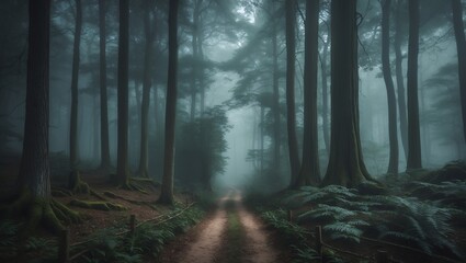 Obraz premium Enchanting misty forest trail through cathedral trees