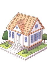 A charming, single-story house with a peach-colored roof, white walls, and small, neatly-trimmed landscaping