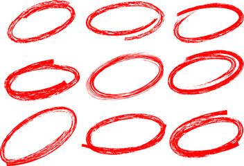 Hand drawn red circle highlight. Red oval hand drawn markers. Brush drawn ellipses, ovals and bubbles to circle and highlight text