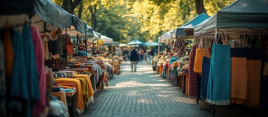 Obraz premium Park artisan market, sunny day, person walking, textile sale