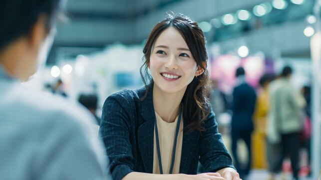 商談ブースで相手に微笑む日本人女性営業