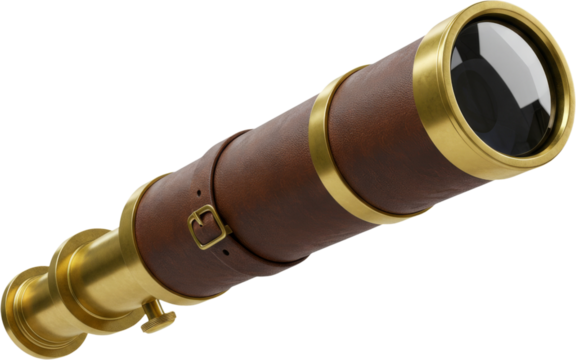 A vintage brass and leather spyglass telescope, featuring a hand-stitched brown leather grip and extendable sections, isolated on a transparent background, ideal for nautical or exploration themes