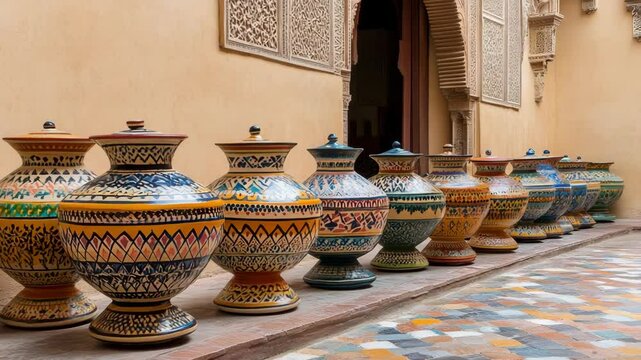 Row of ornate Moroccan ceramic vessels with lids displayed on a patterned tile floor in front of an arched doorway with intricate carvings.