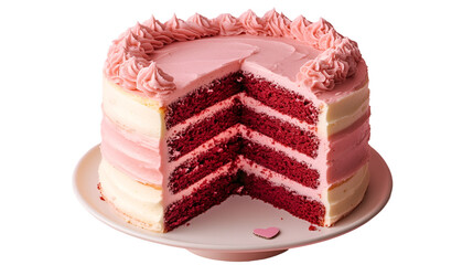 Strawberry Cheesecake Slice: A delectable slice of creamy cheesecake, adorned with fresh strawberries and a luscious strawberry glaze, sits invitingly against a soft pink background.