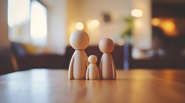 Wooden dolls placed on the table represent the family.