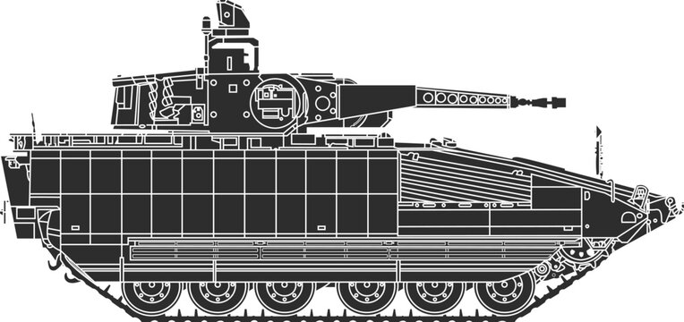 The latest generation infantry fighting vehicle Puma, tracked armored personnel carrier icon isolated on black.