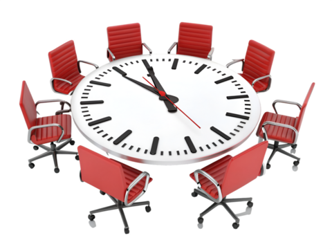 Round table clock with red office chairs