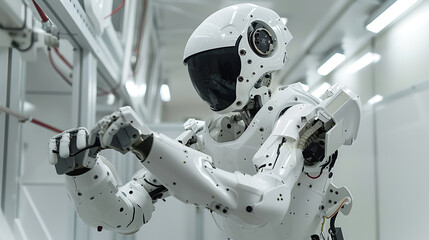 A robotic arm in a high tech cleanroom, assembling components for robots used in autonomous mining automation systems, Mining-tech style