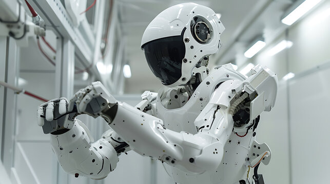 A robotic arm in a high tech cleanroom, assembling components for robots used in autonomous mining automation systems, Mining-tech style
