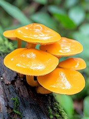 Vibrant orange mushrooms cluster on dark, mossy log in lush green forest