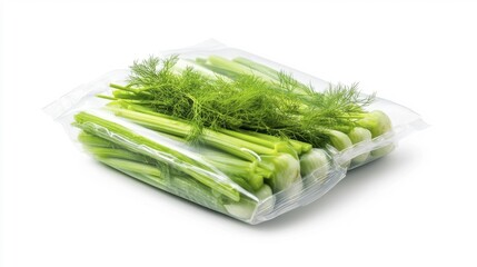 Fresh packaged celery stalks with green leaves on white background. Generative AI