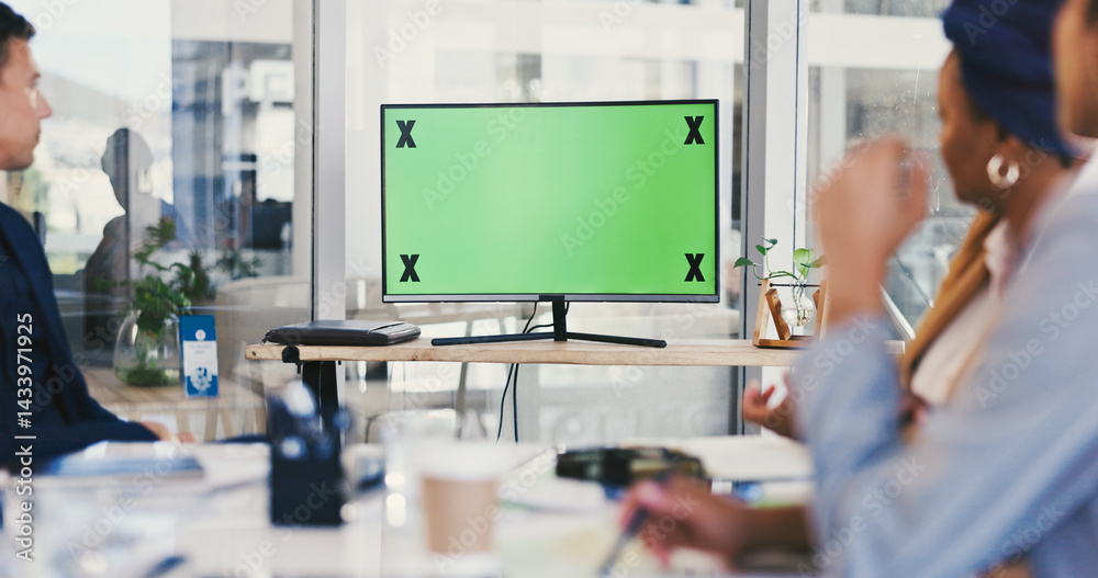 Poster green screen, monitor or team of business people in presentation for workplace development. mockup s