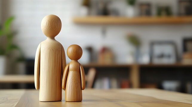Wooden dolls placed on the table represent the family.