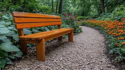 Wooden park bench on gravel path amidst colorful flowers