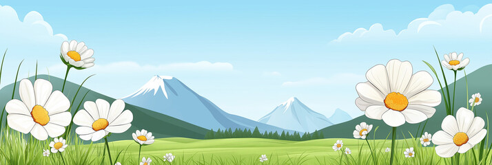 Cute Cartoon Vector Illustration in Flat Style of  Meadow and Distant Trees: landscape, horizon and the sun rising in the sky,soft pastel colors ,summer dawn with copy space,Minimal.