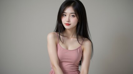 Fototapeta premium Beautiful Asian Woman in Pink Dress Posing in Studio with Soft Lighting