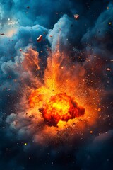 Obraz premium Fiery Explosion with Orange and Red Flames Amidst Dark Smoke and Debris