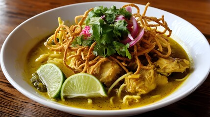 Khao Soi - Thai Coconut Curry Noodle Soup
, A bowl of Khao Soi, a Thai coconut curry noodle soup topped with crispy noodles, cilantro, lime, and pickled onions.
