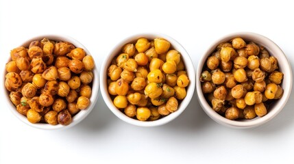 Three Bowls of Deliciously Roasted Chickpeas in Varying Colors and Textures on White Background