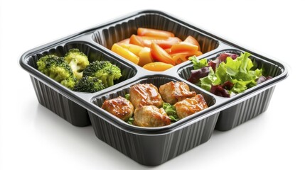 Food tray with broccoli meatballs carrots and salad in a black packing tray isolated on white background. Generative AI