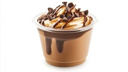 Delicious chocolate pudding cup with toppings isolated on white background. Generative AI