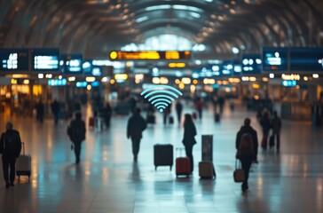 Fototapeta premium Wi-Fi signal visualization in a crowded airport terminal,