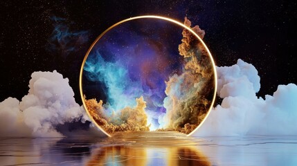 Abstract nebula cloud in space, infused with gold shimmer and cobalt tones