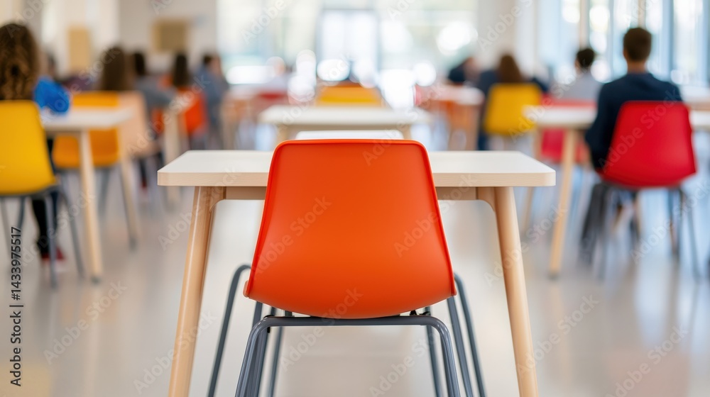 Poster modern classroom with colorful chairs and students studying