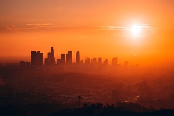 Naklejka premium Stunning orange yellow dusk over city horizon 