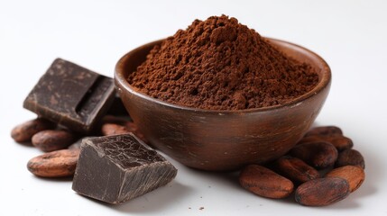 Rich Cocoa Powder in Wooden Bowl Surrounded by Dark Chocolate and Cocoa Beans on White Background