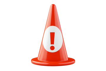 A bright orange traffic cone with a white circle and red exclamation point on a black background