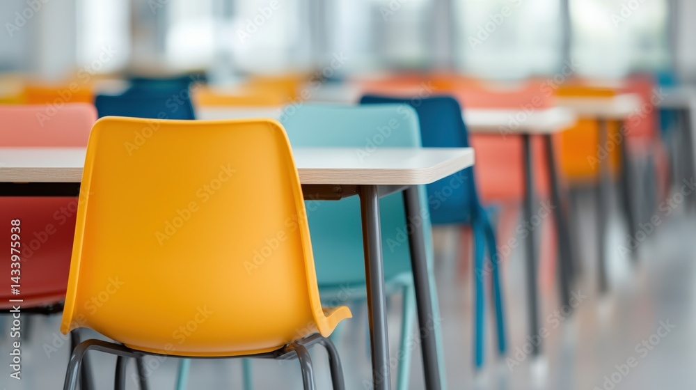 Poster colorful chairs and tables in a modern classroom or cafeteria