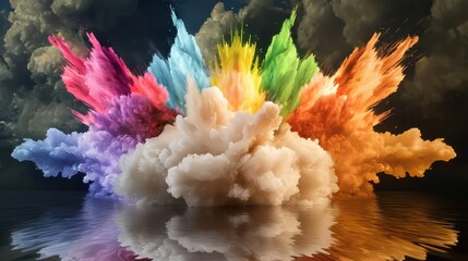 Abstract particle cloud bursting with rainbow colors, high energy composition
